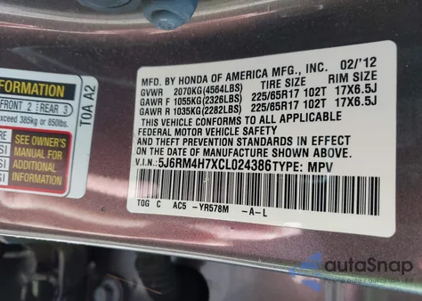 2012 Honda Cr-V Ex-L z USA, uszkodzony, nr VIN 5J6RM4H7XCL024386